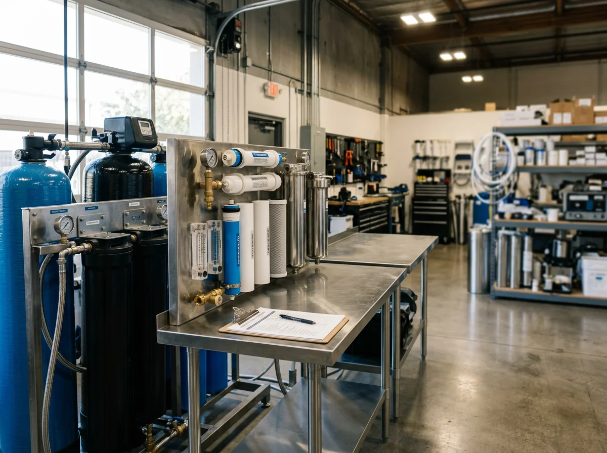 Water filtration equipment and treatment system components displayed in a service setting.