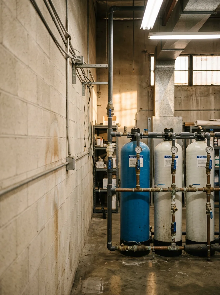 A commercial water treatment system with multiple filtration tanks installed in an Inland Empire warehouse facility utility room, connected to the building's main water supply line.
