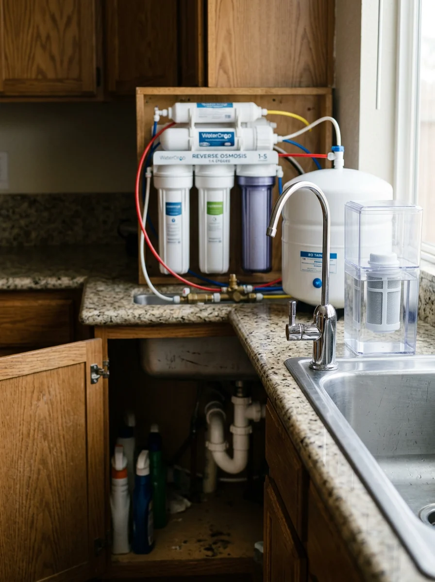A reverse osmosis drinking water system installed under a kitchen sink in a Kern County home, with a dedicated filtered water faucet on the countertop.