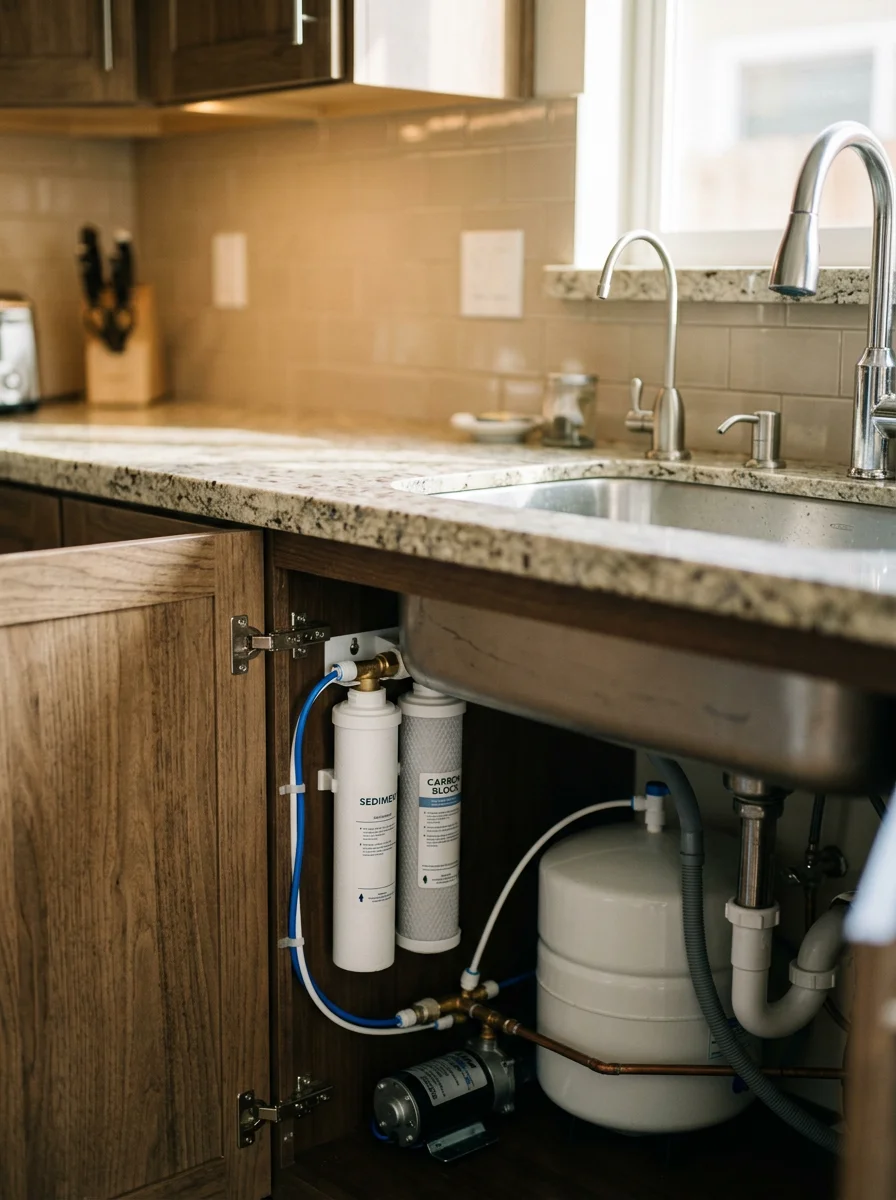 Close-up of a reverse osmosis system mounted under a kitchen sink in a Los Angeles home, with a dedicated filtered water faucet on the countertop.