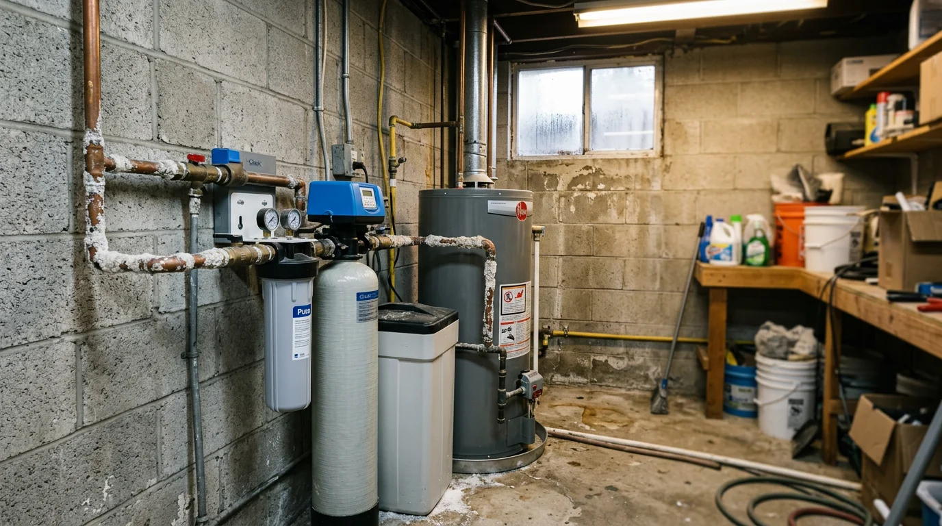A whole-house water softener and filtration system installed in a Los Angeles County home utility room, with hard water scale visible on the adjacent water heater inlet.