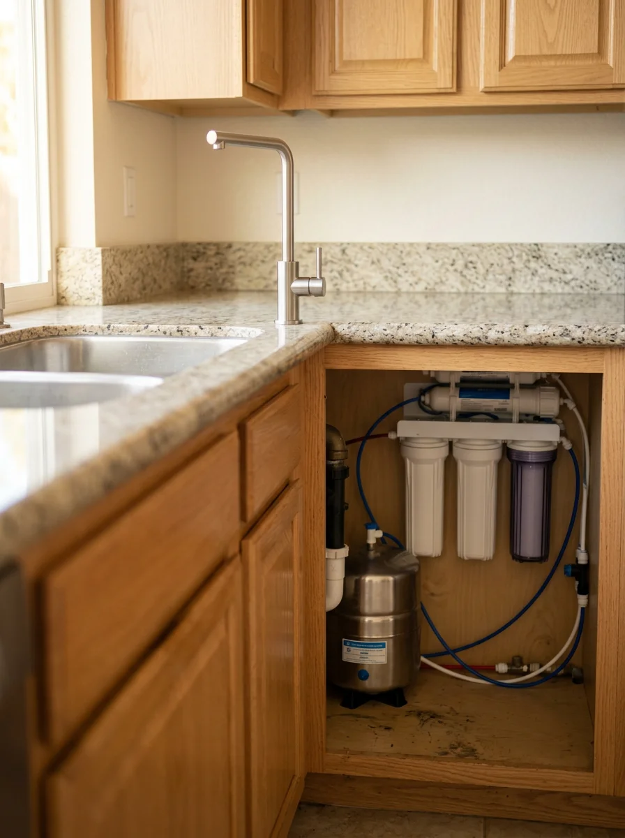 An under-sink reverse osmosis system installed in an Anaheim kitchen cabinet, with a slim filtered water faucet mounted through the countertop beside the main sink.