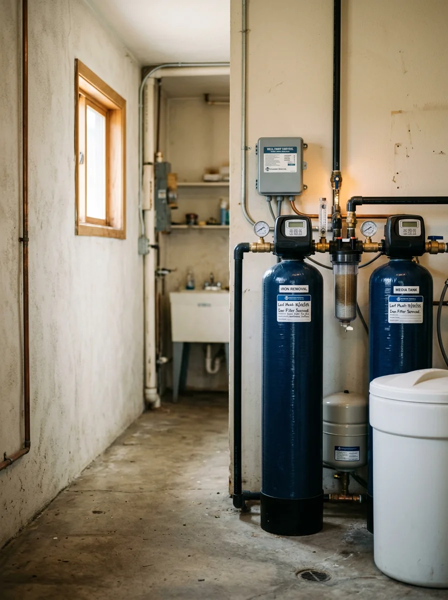 A well water treatment system installed in a Santa Ynez Valley property utility room, with iron filtration and sediment media tanks connected to a private well pump.