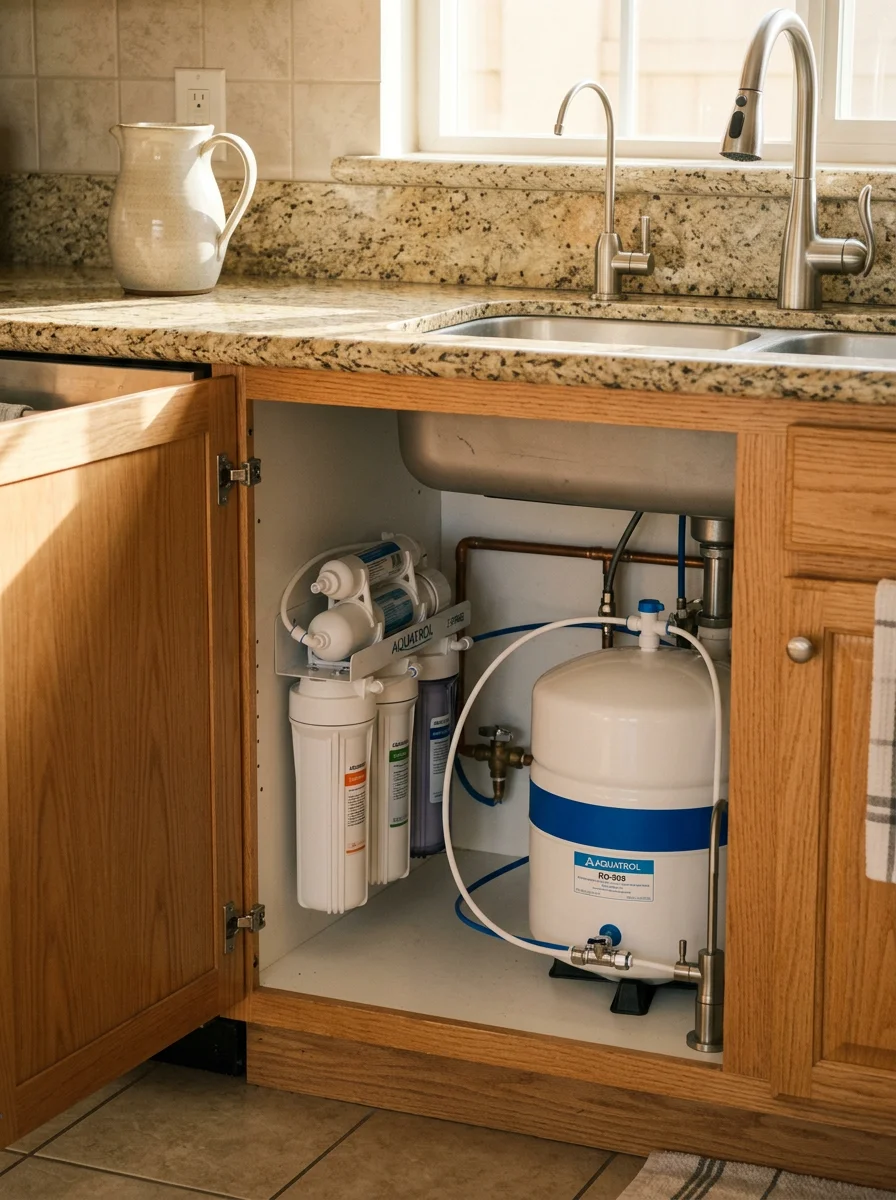Under-sink reverse osmosis system installed in an Oxnard kitchen, with a dedicated filtered water faucet beside the main sink fixture.