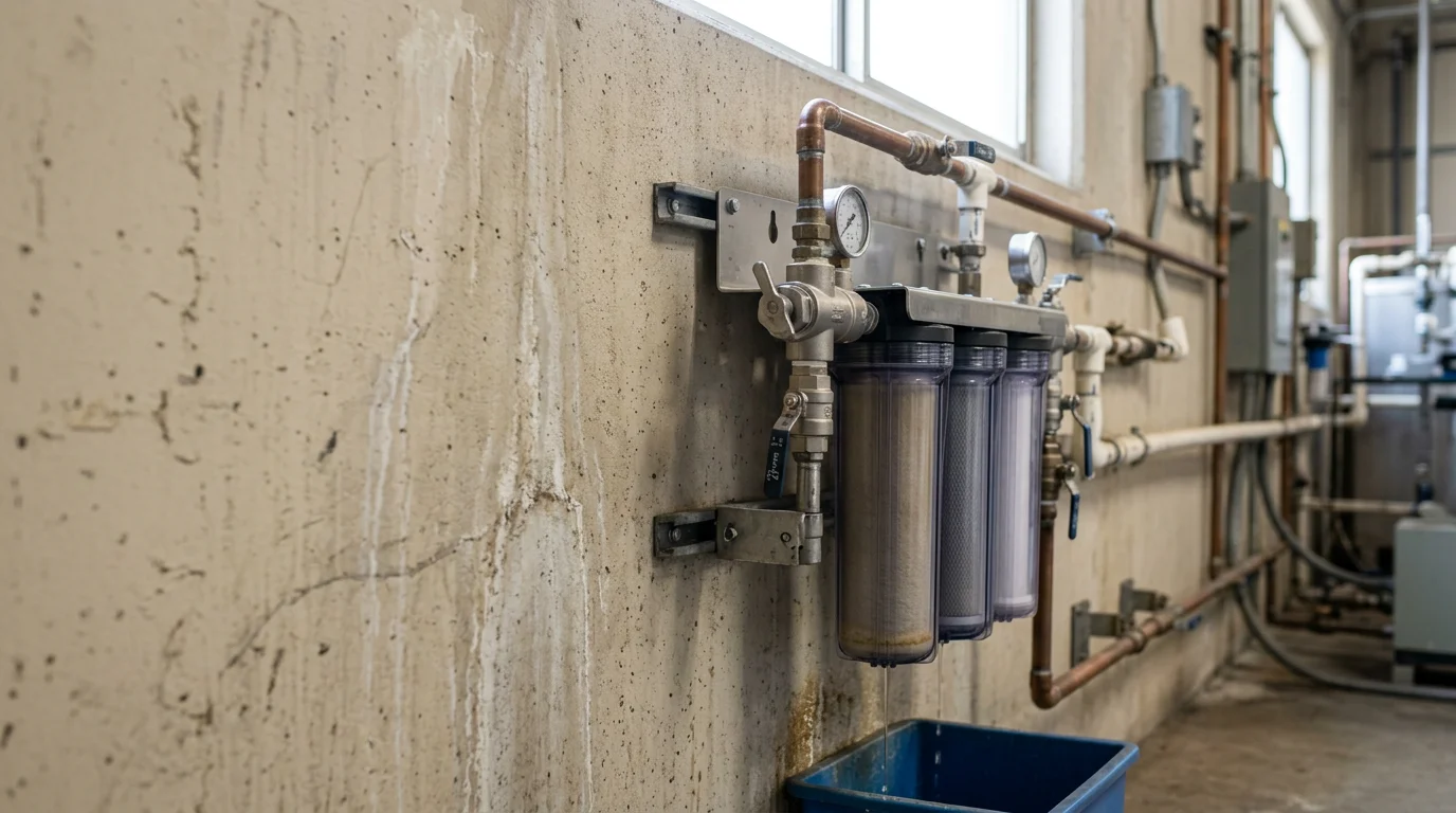 A commercial water treatment system installed in a business facility in Los Angeles County, showing filtration tanks and supply lines connected to a commercial plumbing setup. The system is sized for high-volume daily use in a commercial setting.