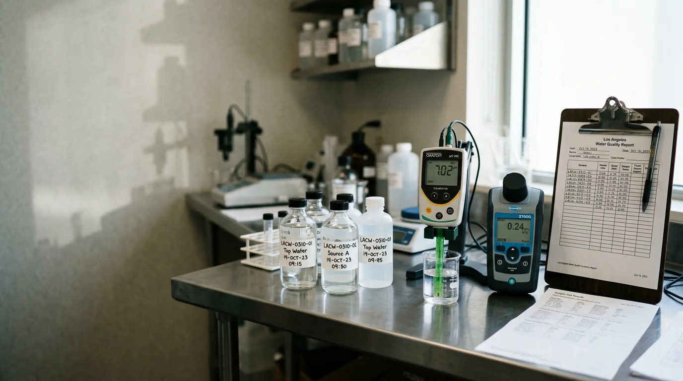 A water testing technician collecting a tap water sample in a Los Angeles County home kitchen, with testing vials and a field kit on the counter. The image shows the contaminant detection process at the point of use inside a residential property.