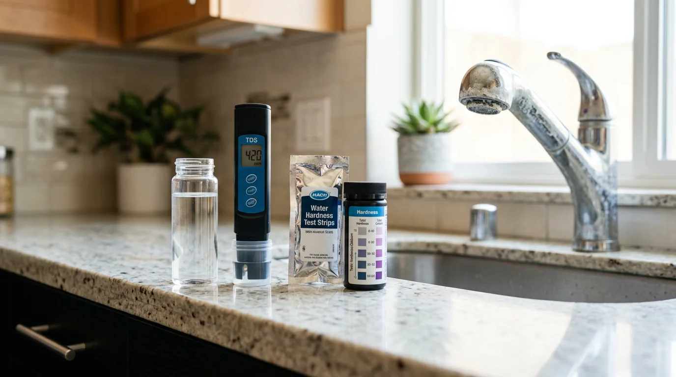 A water hardness test being conducted on a residential tap water sample in Los Angeles County. The test result shows mineral concentration levels used to assess scale risk for the home's plumbing and appliances.