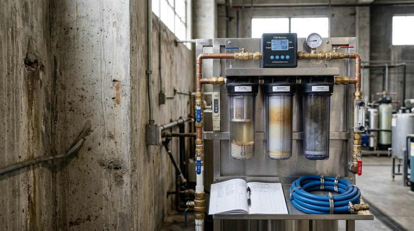 An industrial water treatment system installed inside a Southern California manufacturing facility, with filtration tanks and process piping connected to a production line. The setup addresses the hard water and high mineral content common to Los Angeles County water supplies.