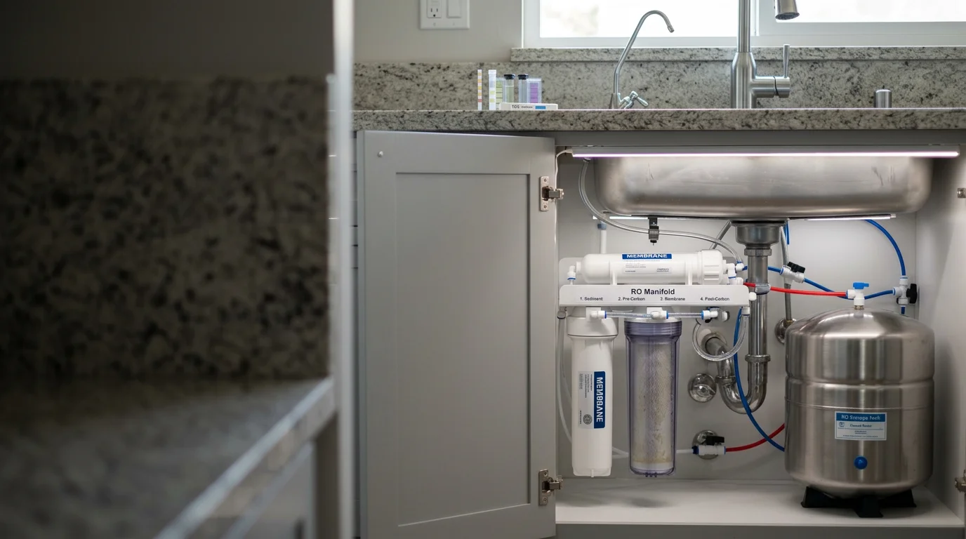An under-sink reverse osmosis filtration system with a storage tank and filter housings installed inside a kitchen cabinet in a Los Angeles County home. A dedicated RO faucet is mounted at the kitchen sink beside the standard tap.