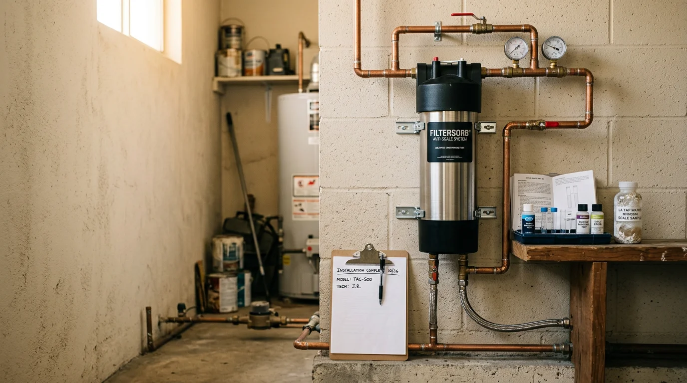 A whole-house salt-free water treatment system installed in a utility room of a Los Angeles County home, with clear tubing and a conditioning tank connected to the main water supply line. The setup shows scale-free pipe connections typical of treated hard water environments in Southern California.