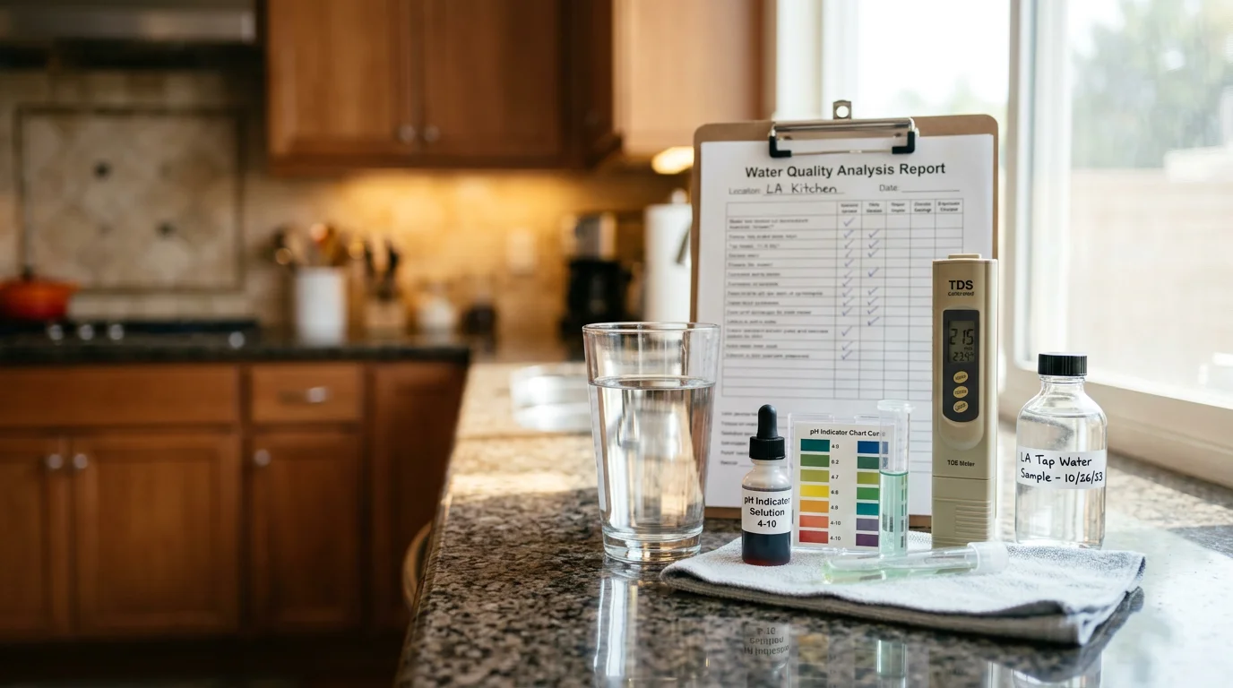 A water quality testing kit being used at a residential kitchen tap in Los Angeles County. Clear water sample vials are shown alongside a testing panel in a Southern California home setting.