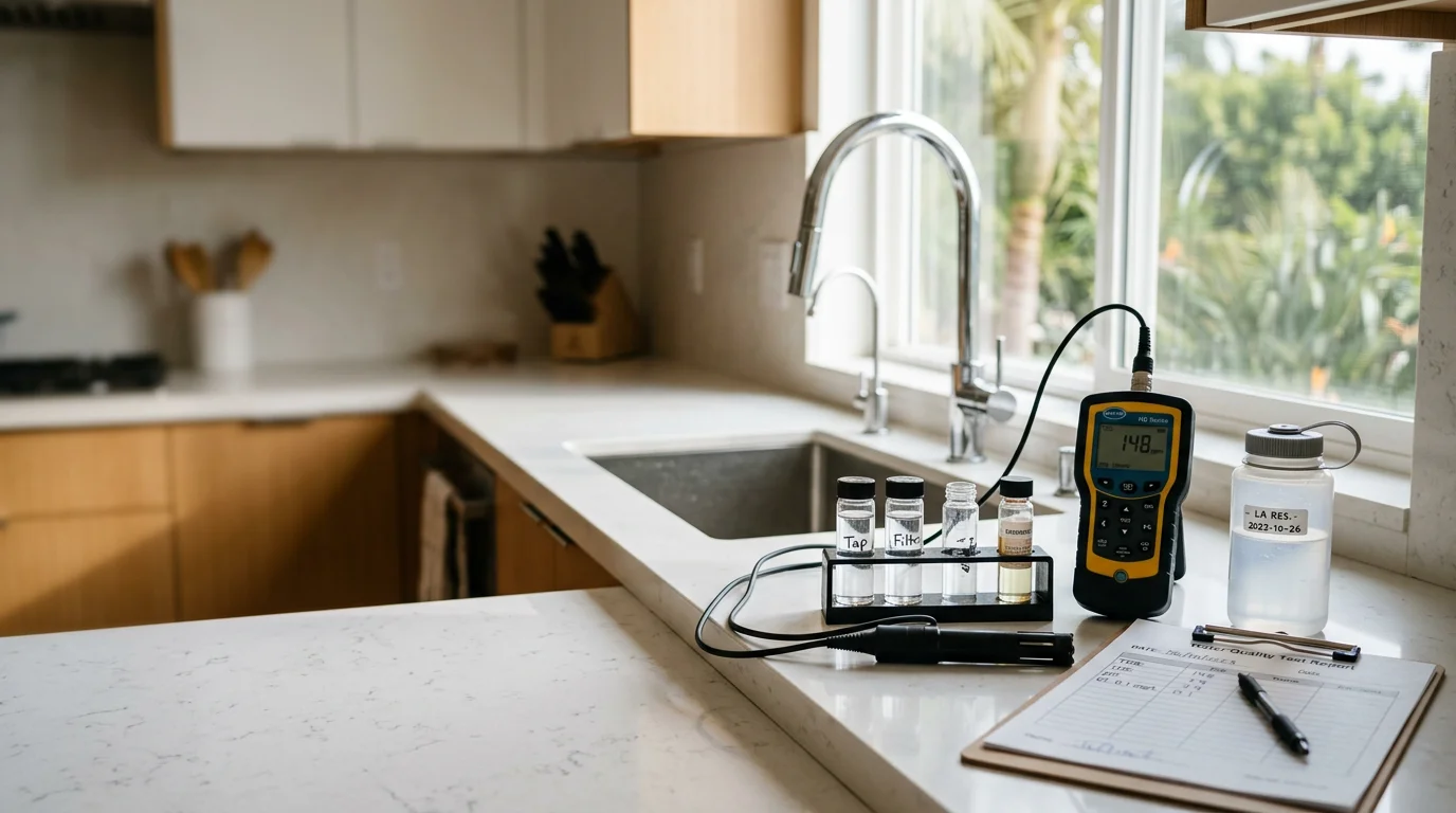 A water safety assessment being conducted at a residential kitchen tap in Los Angeles County, with a water sample collection vial held under running water. A technician reviews the process at the sink in a Southern California home.