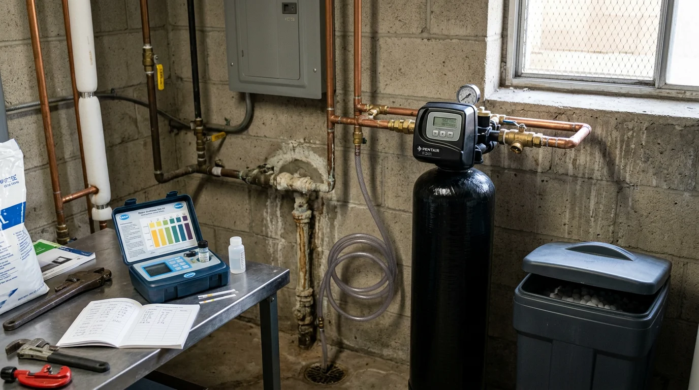 A whole-house water softening system installed in a utility area of a Los Angeles County home, with mineral-free water flowing from a kitchen faucet leaving no scale on the stainless steel sink.