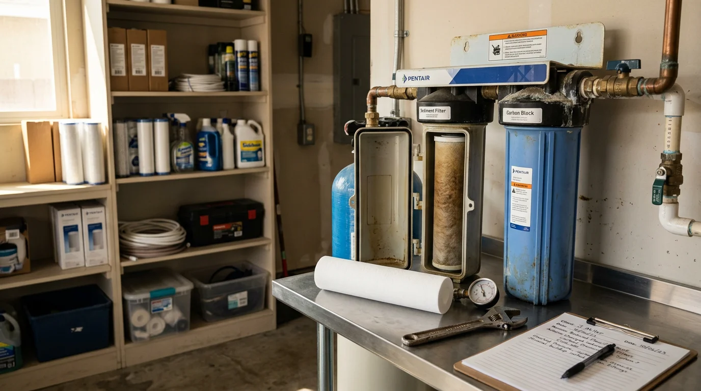 A water treatment system installed in a Los Angeles County home utility room, showing filter housings and supply lines being inspected during a routine maintenance visit.