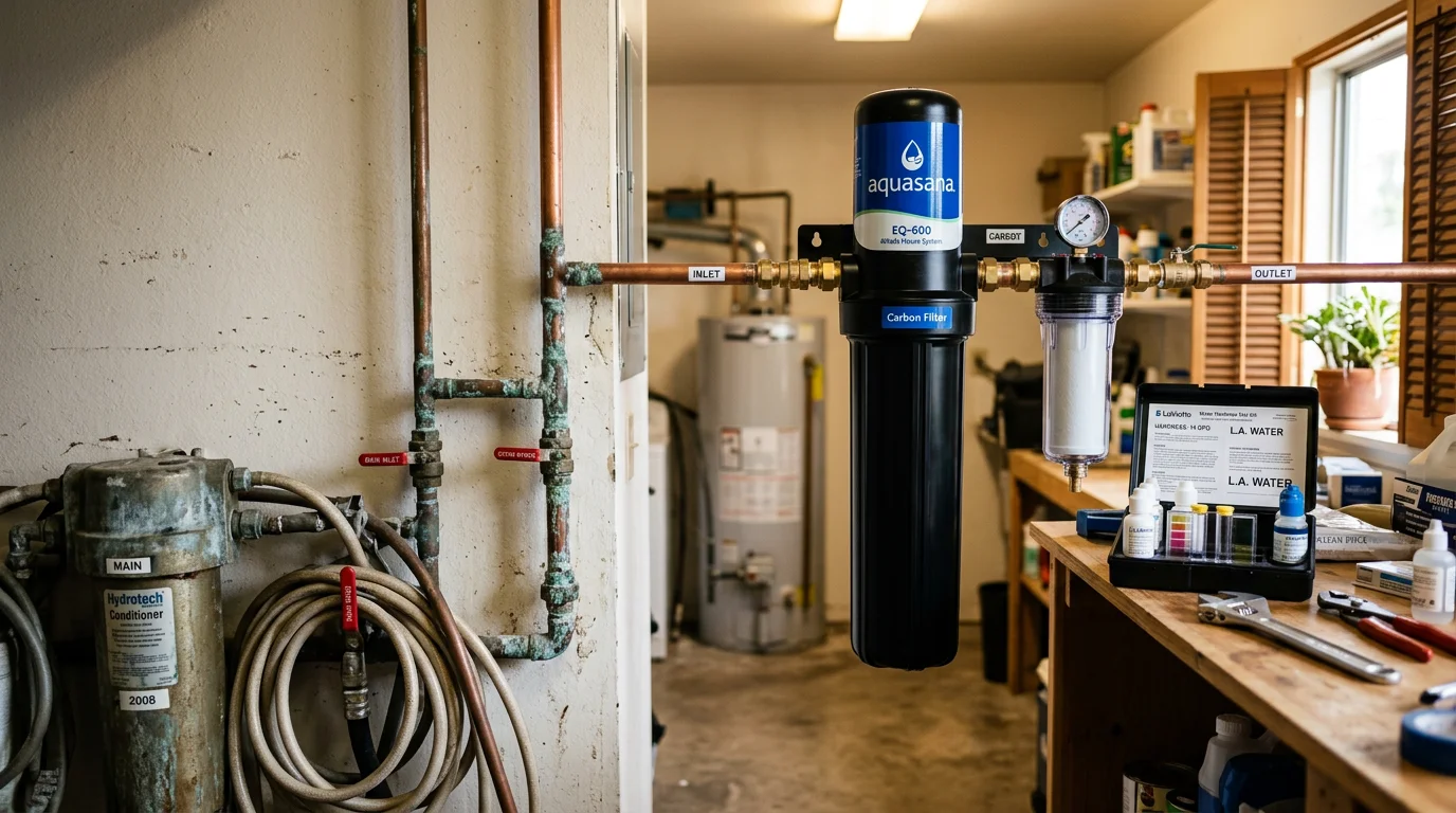 A new whole-house water treatment system installed at a residential point-of-entry in Los Angeles County, replacing an older unit. The setup shows fresh plumbing connections and a properly mounted treatment tank in a utility area.