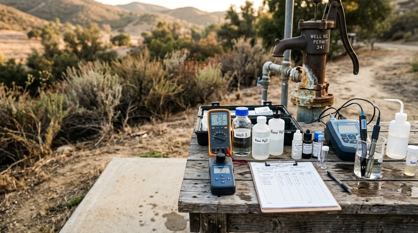 A water sample collection vial being filled from a private well spigot in a rural Los Angeles County property setting. A well water analysis report and testing equipment are visible on a nearby surface.