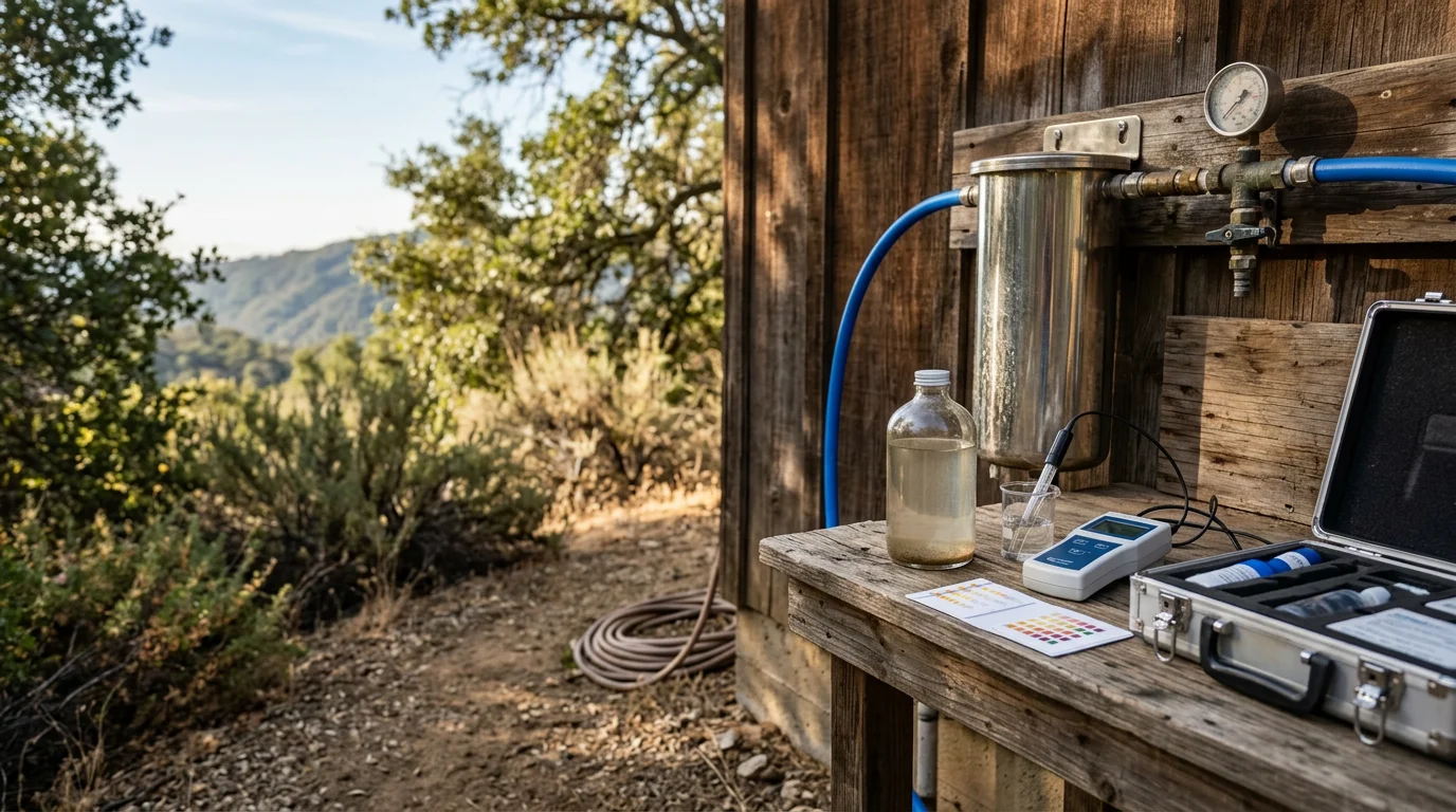 A residential well water treatment system installed at a single-family home in a rural area of Los Angeles County. Clear water flows from an outdoor tap after passing through a multi-stage filtration setup connected to the private well line.