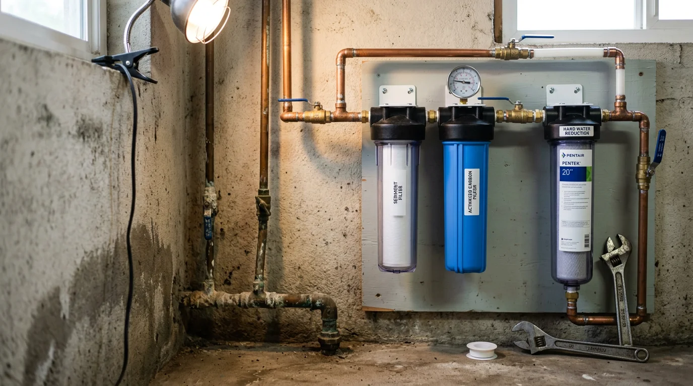 A whole-house water filtration system installed on the main water supply line inside a Los Angeles County home. The system shows multiple filter housings connected to the incoming water line before it branches to the rest of the house.