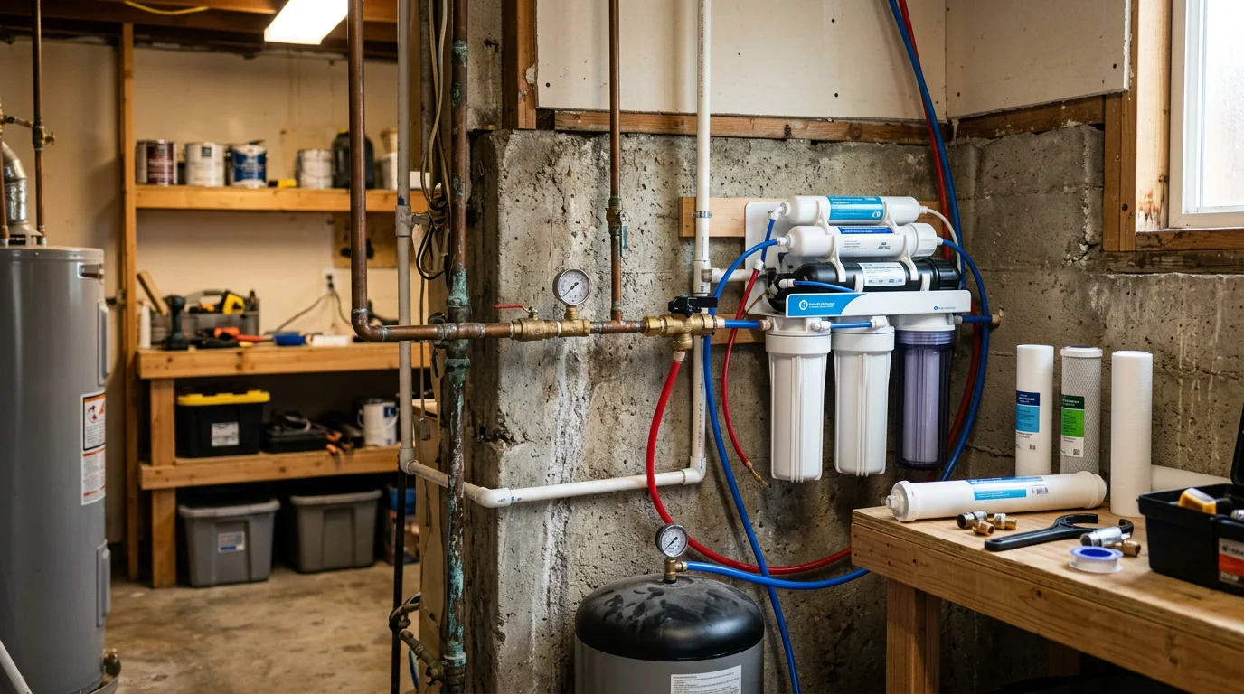 A whole-house reverse osmosis system installed at the main water entry point of a Los Angeles County home, showing filtration tanks, tubing, and a pressure gauge mounted on a garage wall.